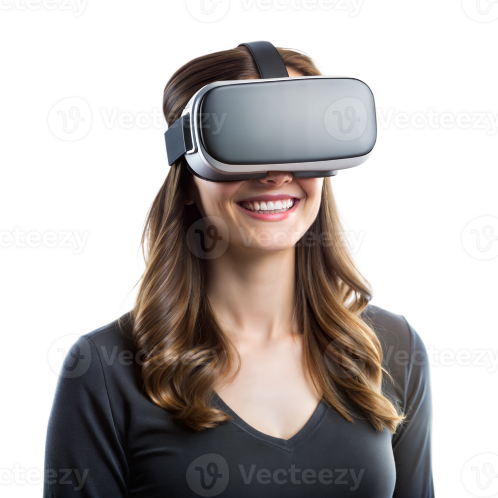 Woman smiling while using a VR headset, enjoying the experience png