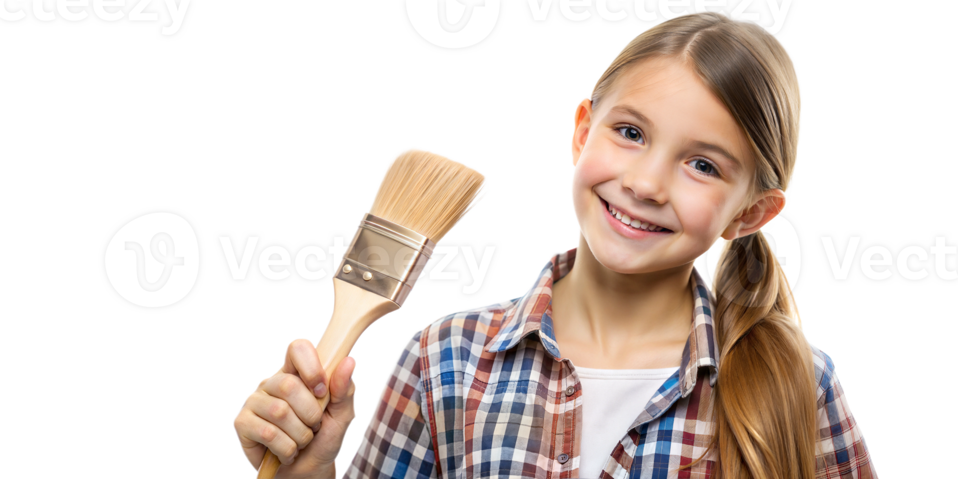 Happy girl holding a paintbrush and ready to create png