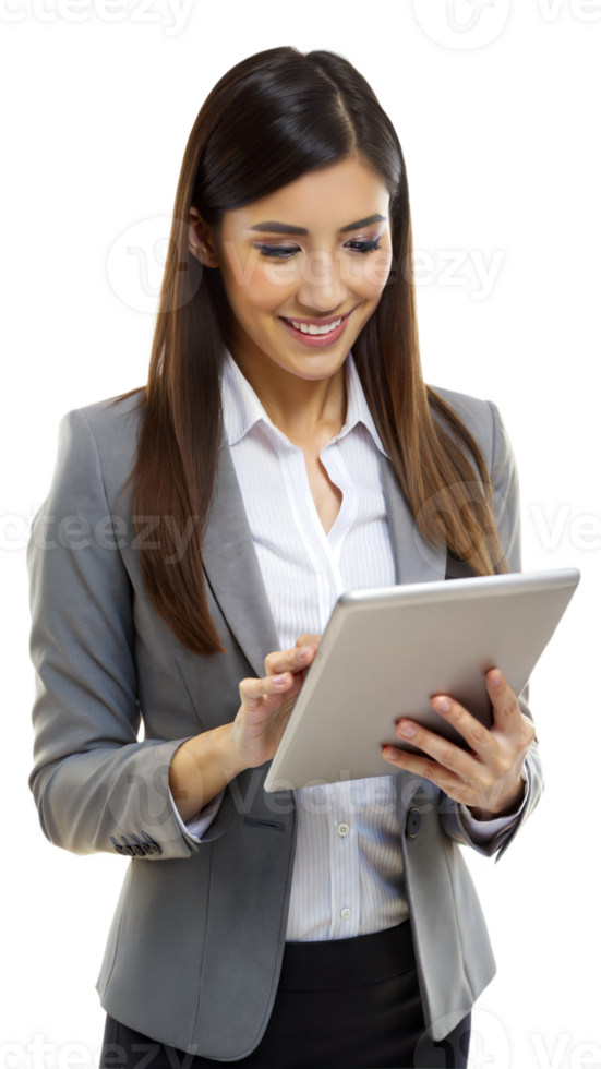 Business woman using a tablet, managing her tasks png