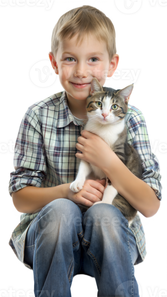 Boy hugging his cat and smiling png