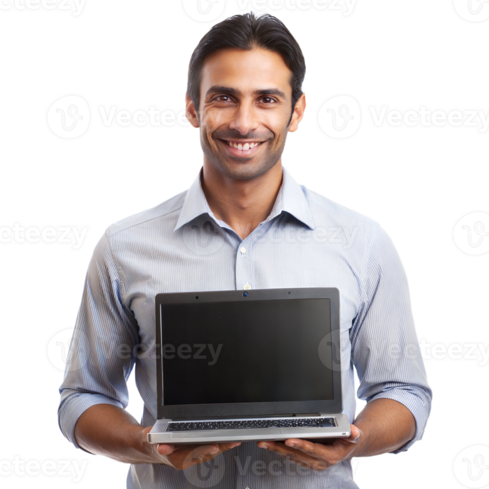 Smiling man holding a laptop, ready for business work png