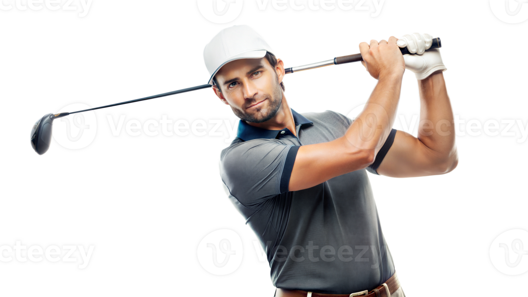Golfer mid swing, focused on hitting the perfect shot png