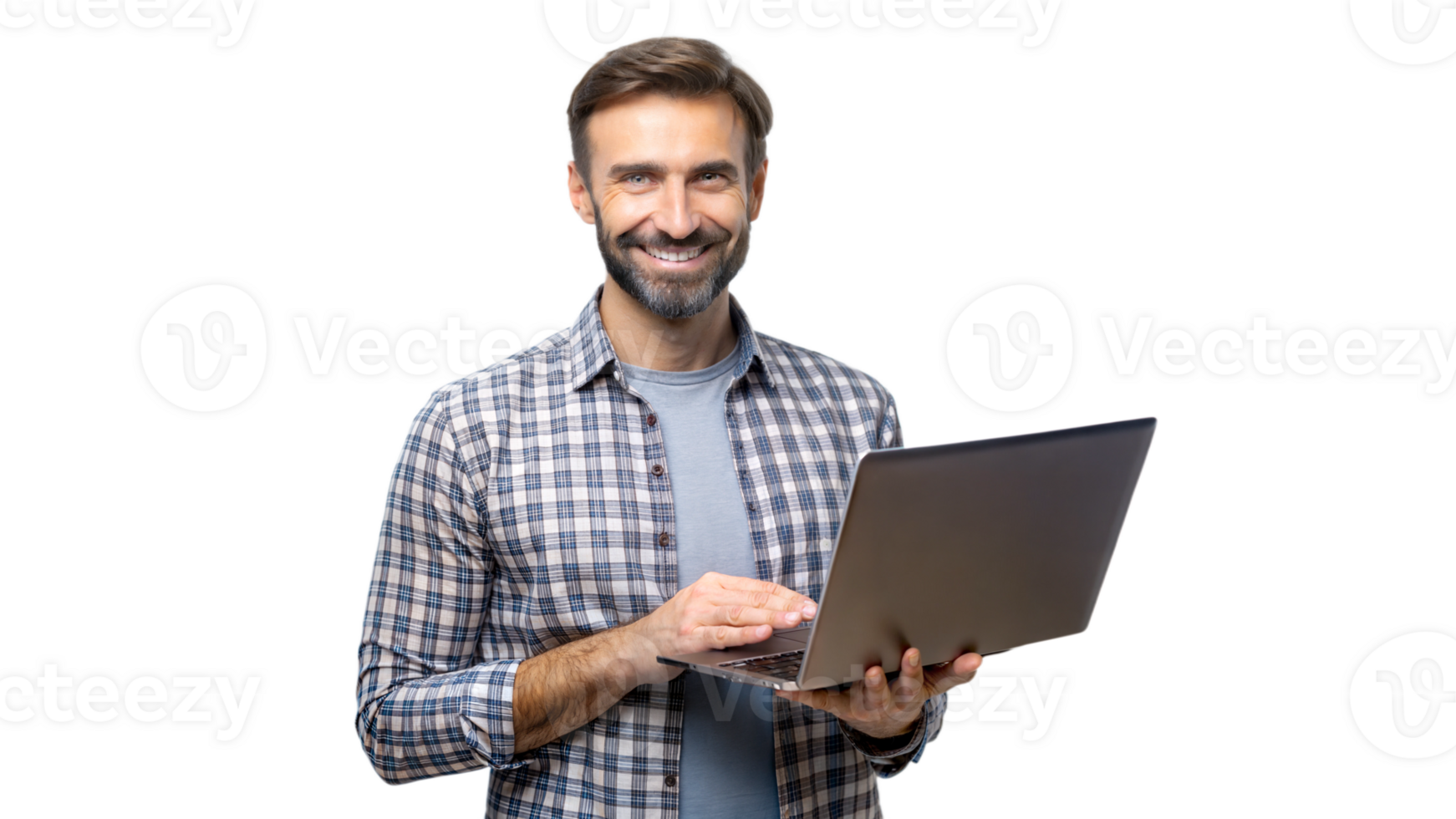 Confident man holding a laptop, working remotely png