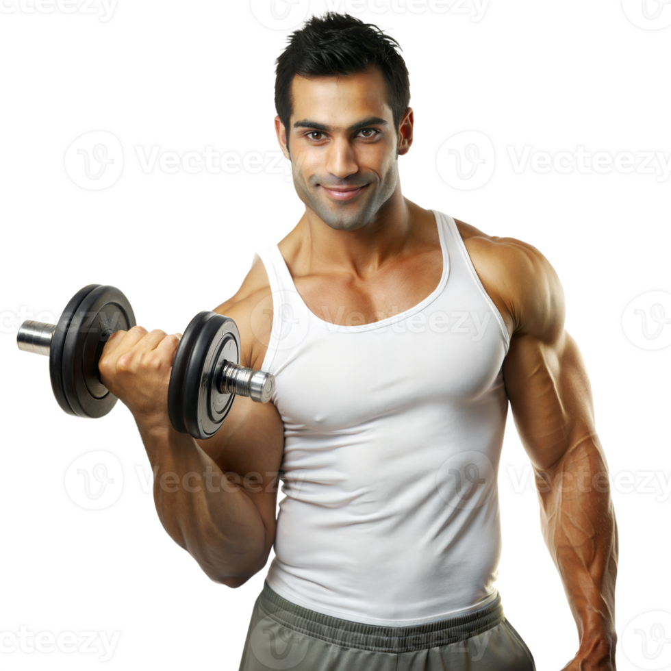 Strong man lifting a dumbbell, working on his biceps png