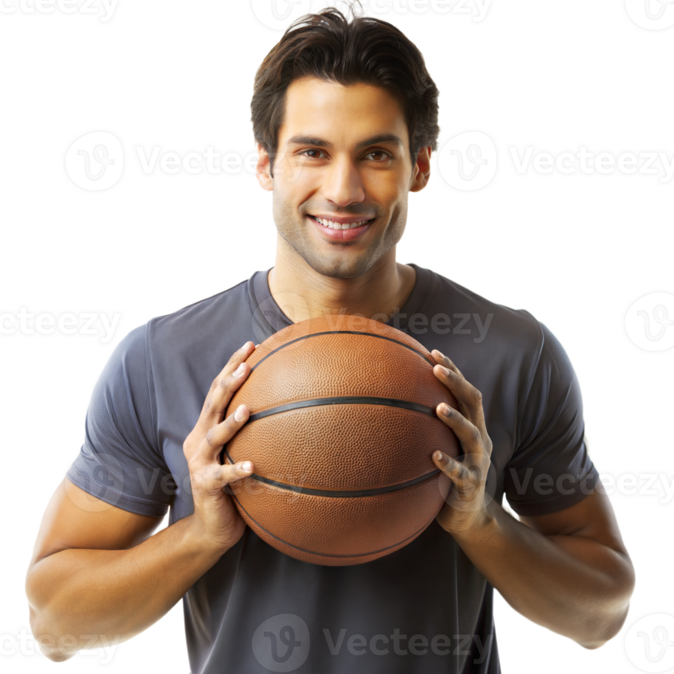 Man holding a basketball, smiling with confidence png