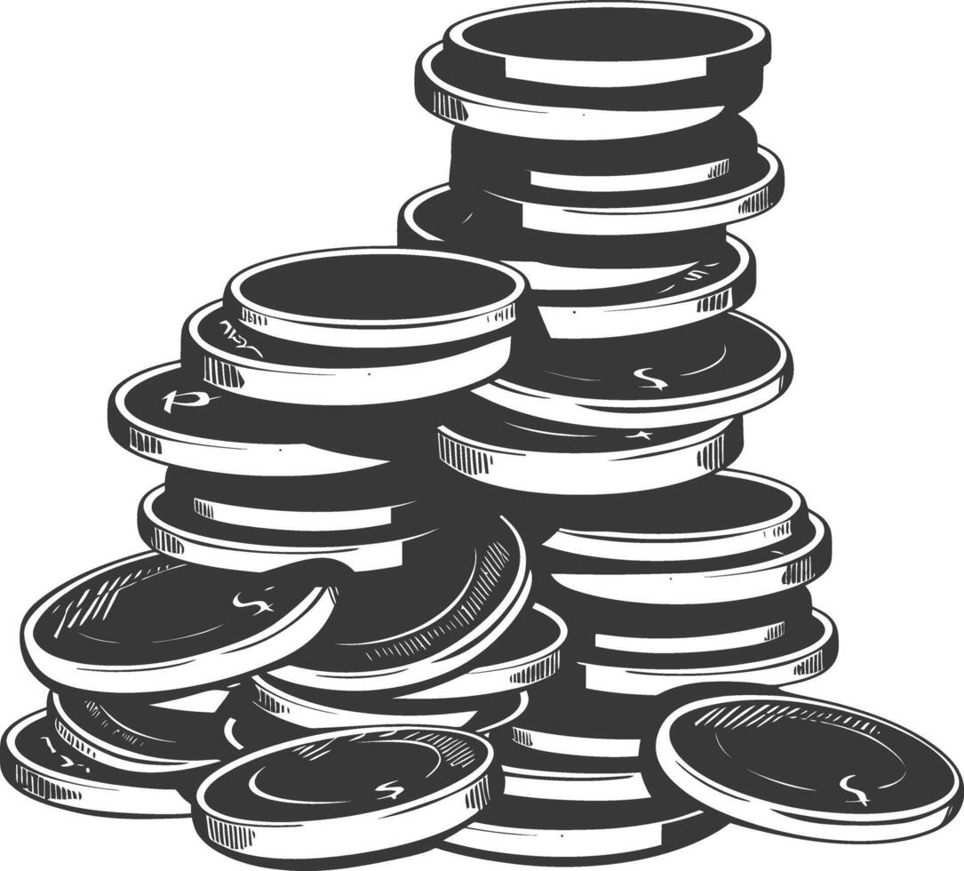 A black and white drawing of a pile of coins vector
