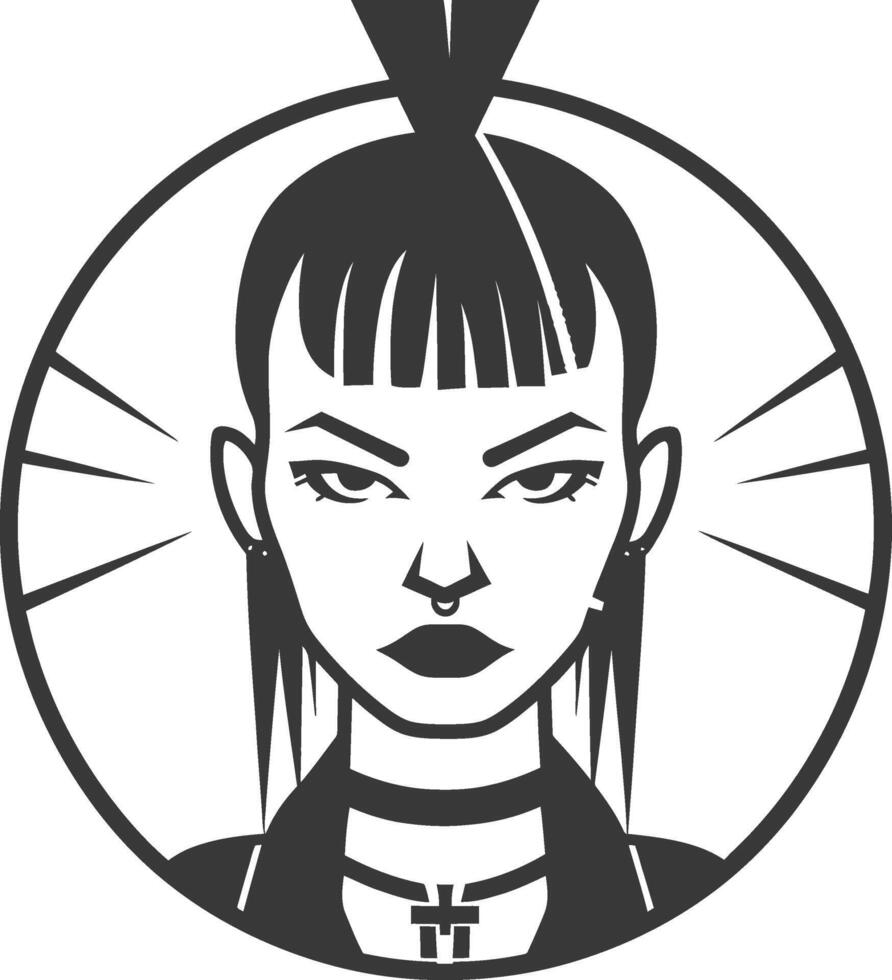 A black and white logo of a woman with a punk style vector