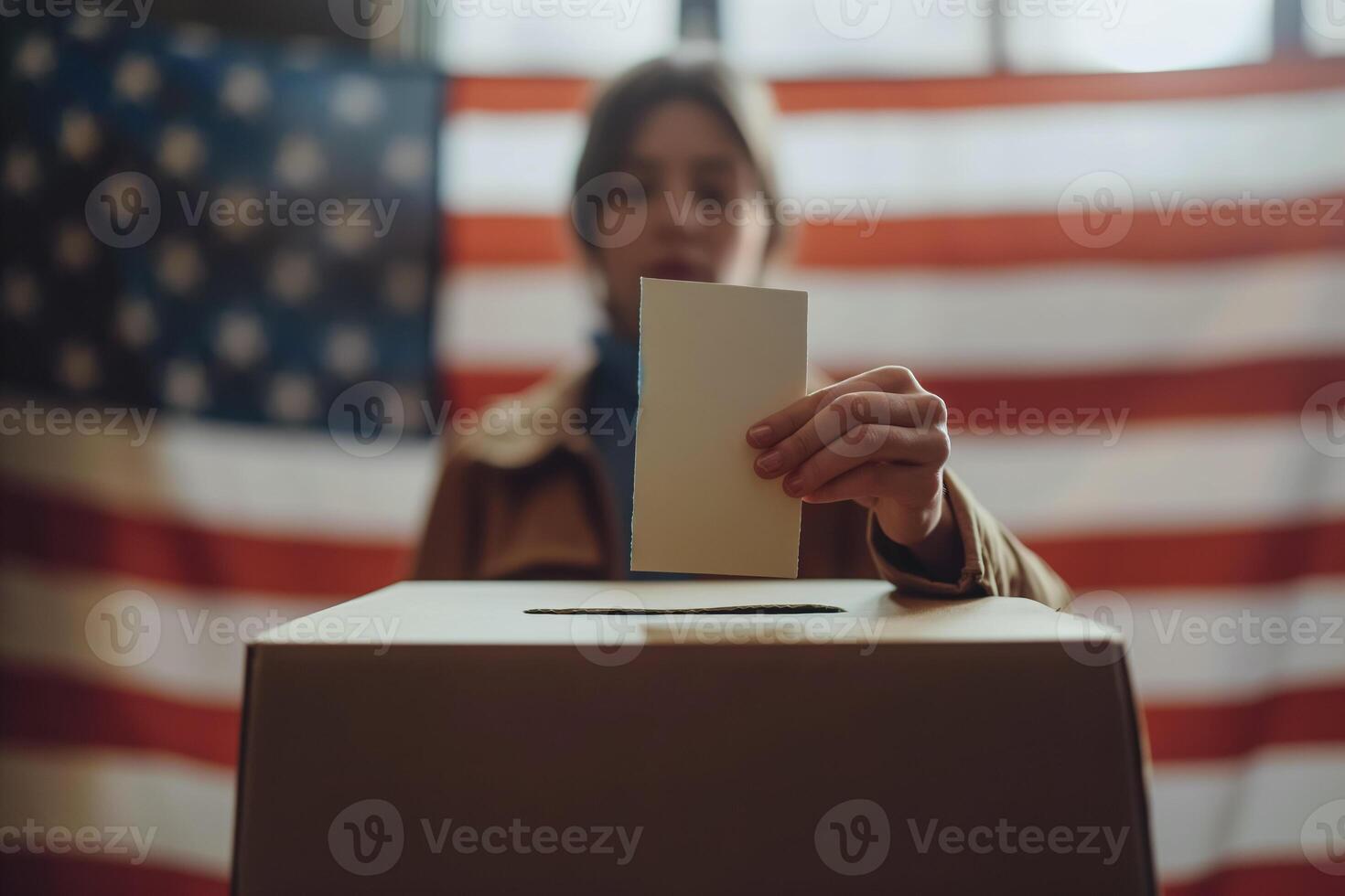 Close up shot of polling box standing on table in polling station. American female voter with kid on hands puts bulletin into box. Political races of US presidential candidates. National Election Day. photo