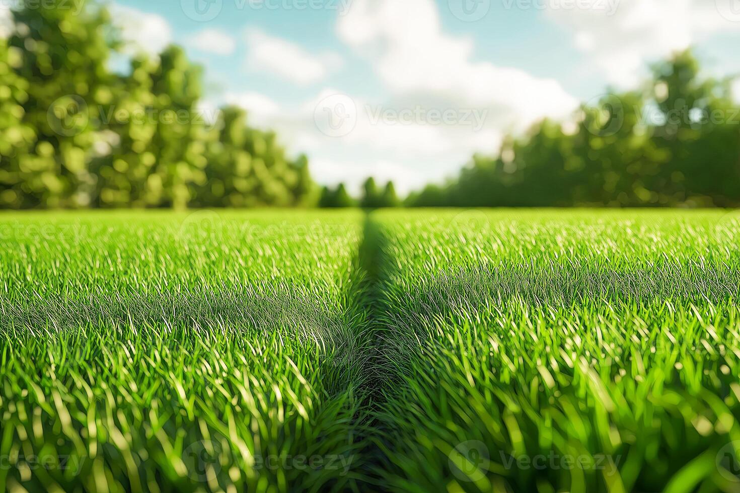 A lawn with 50 mown grass and 50 unmown grass is divided exactly down the middle. photo
