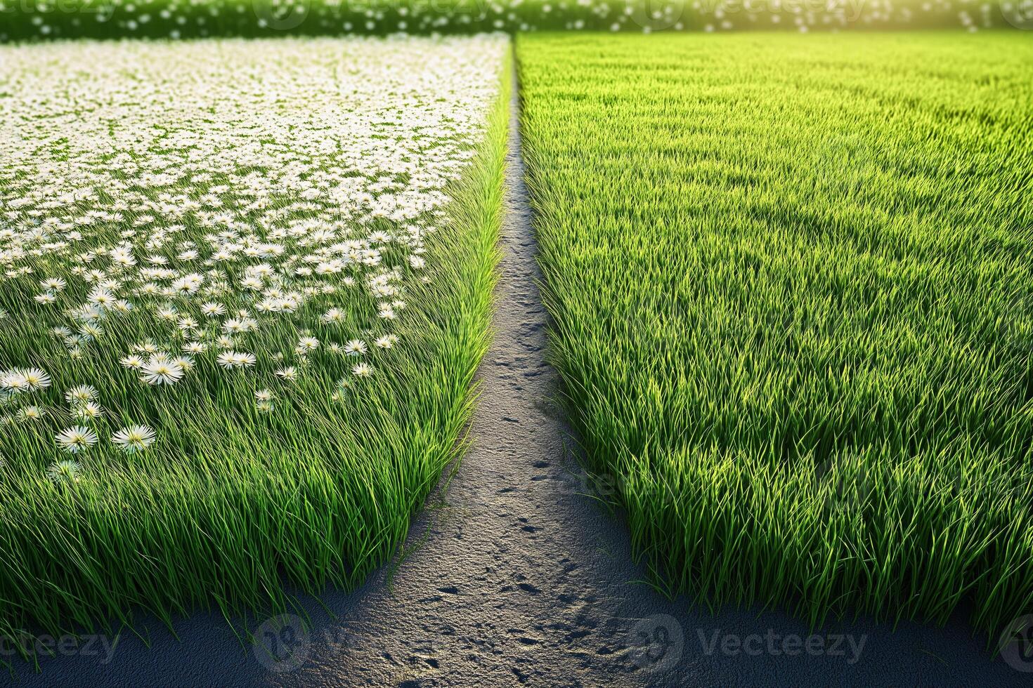 A path leading to a field of grass and flowers photo