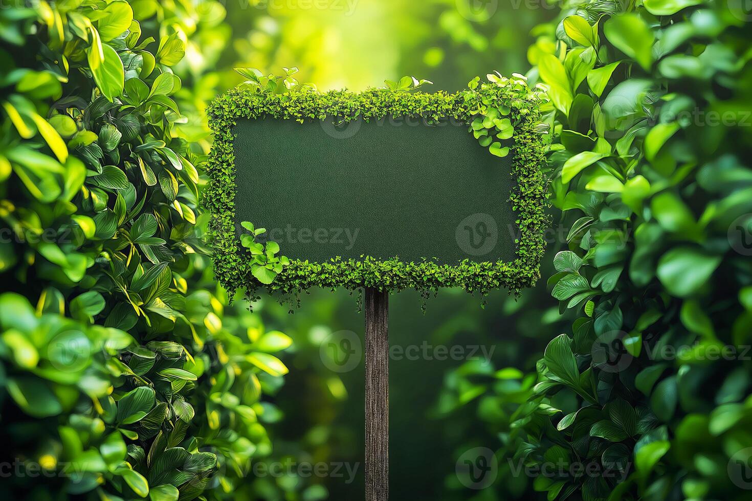 Green board in the middle of a green forest with sun rays photo