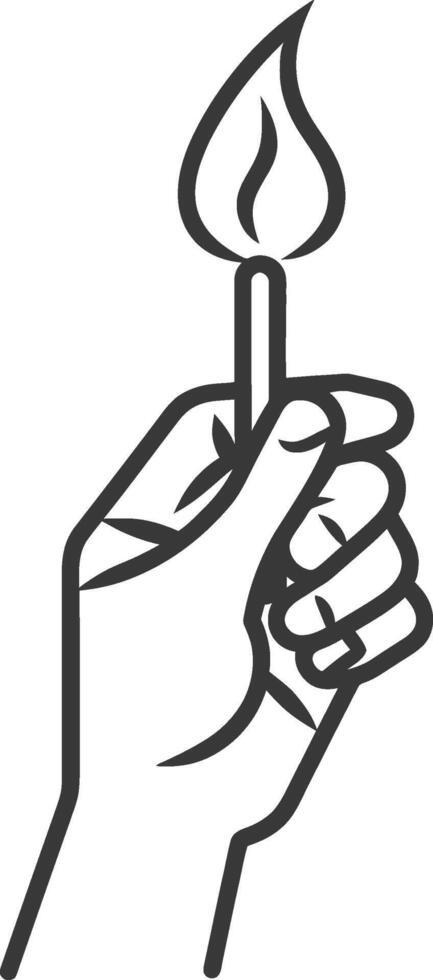 A hand holding a lit candle in a black and white drawing vector