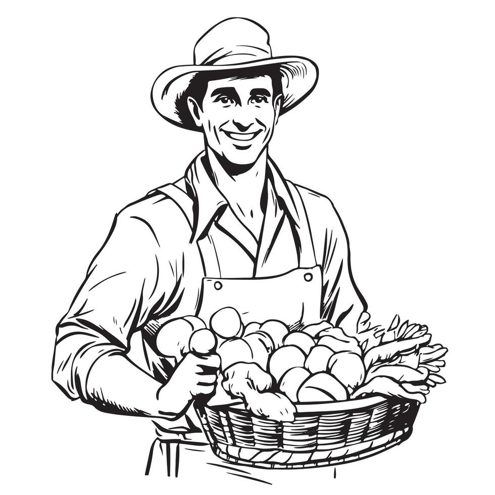 farmer with hat with freshly picked vegetables in basket. vector