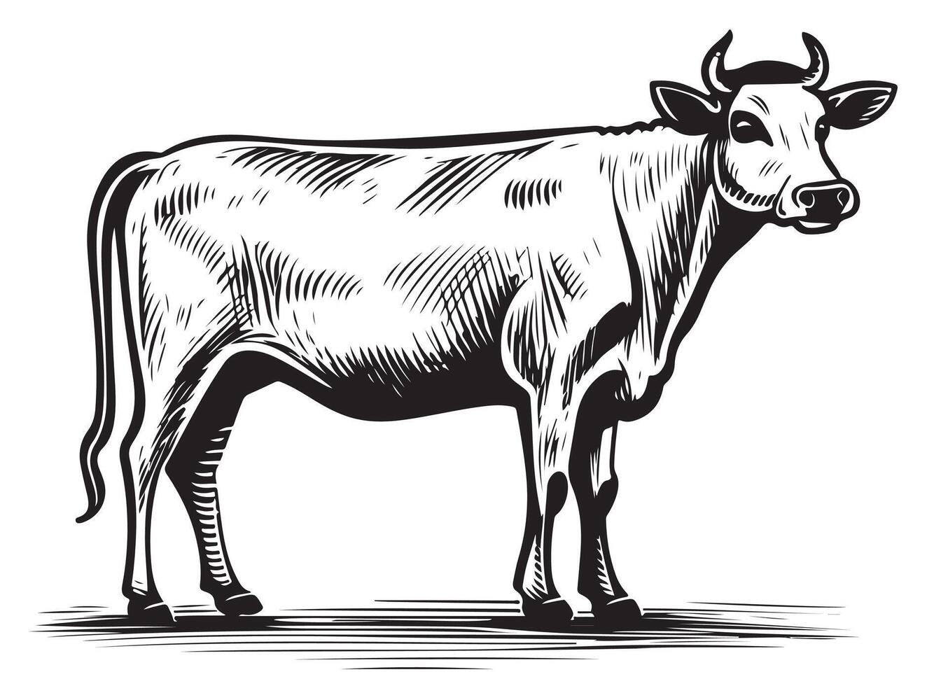 A black and white drawing of a cow vector
