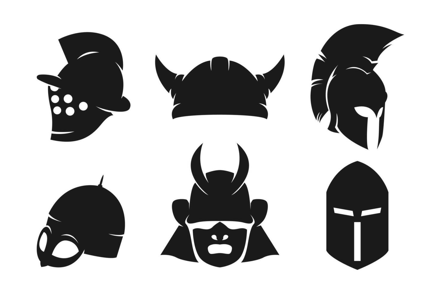 Set silhouettes of vintage old medieval helmet. Gladiator, viking, spartan, samurai kabuto, and knight helmet. Isolated on white background. Graphic illustration. vector
