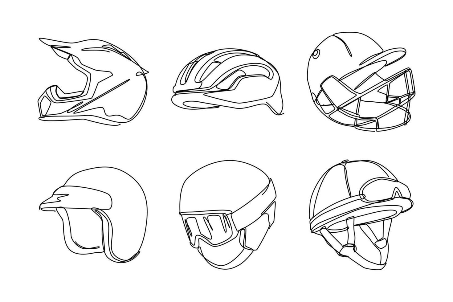 Set continuous one line drawing of sports helmet. Motocross, bicycle, cricket, motorcycle, ski, jockey helmet. Editable stroke. Graphic illustration vector