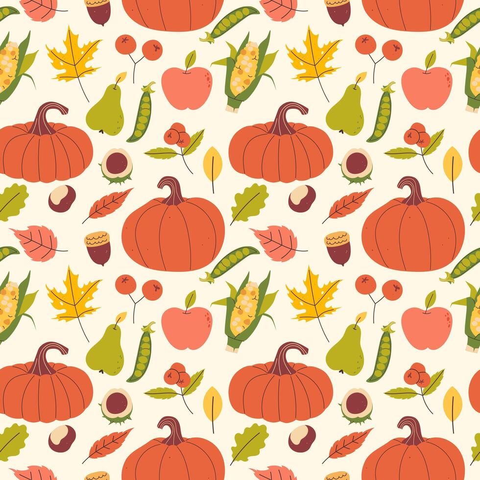 Cosy Autumn. Pumpkin, vegetables, leaves seamless pattern on light background vector