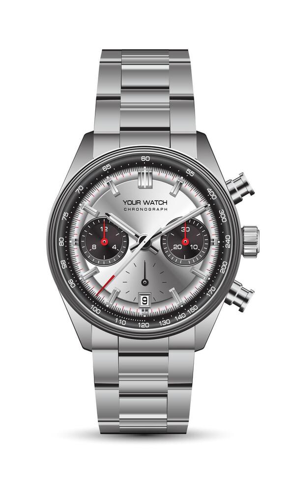 Realistic silver clock watch chronograph black red arrow white number desigm luxury classic for men on isolated background vector