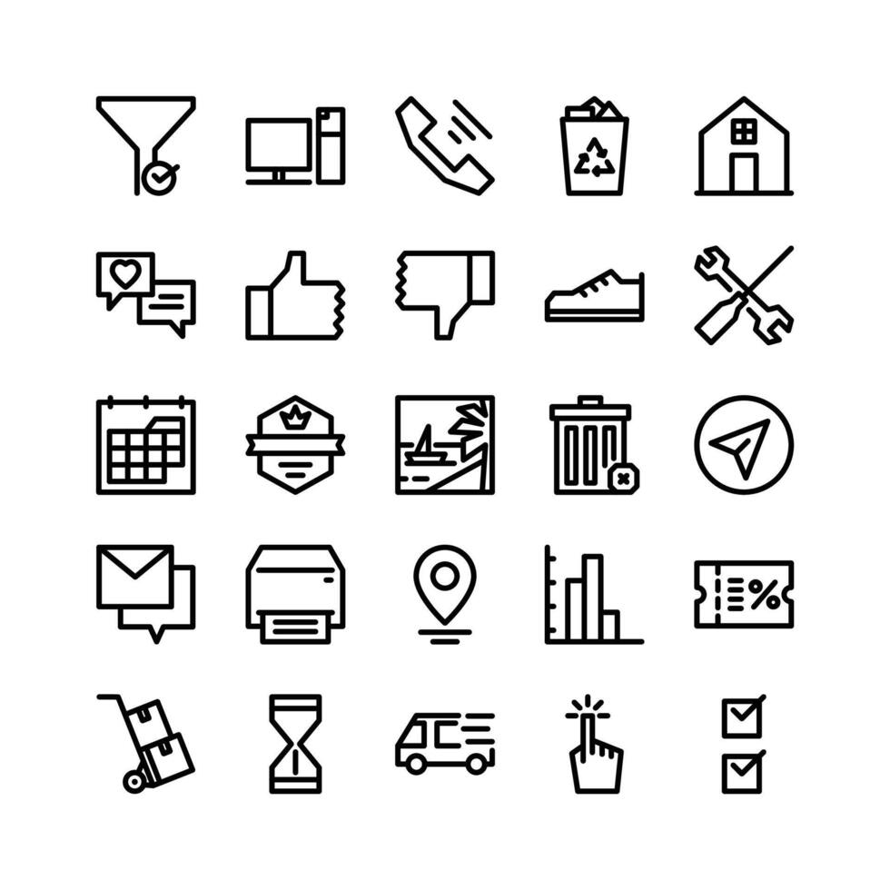 Line Icons Including Filter, Computer, Call, Trash, Home, Chat, Like, Dislike, Shoes, Setting, Calendar, Badge, Images, Remove, Send, Message, Print, Location, Graph, Coupon, Trolley, Time, Etc. vector