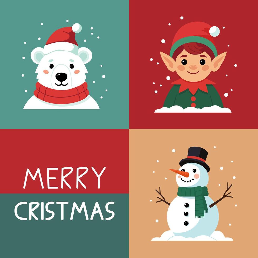 Cute Polar Bear, Elf, and Snowman Christmas Characters with Merry Christmas text for card or banner vector