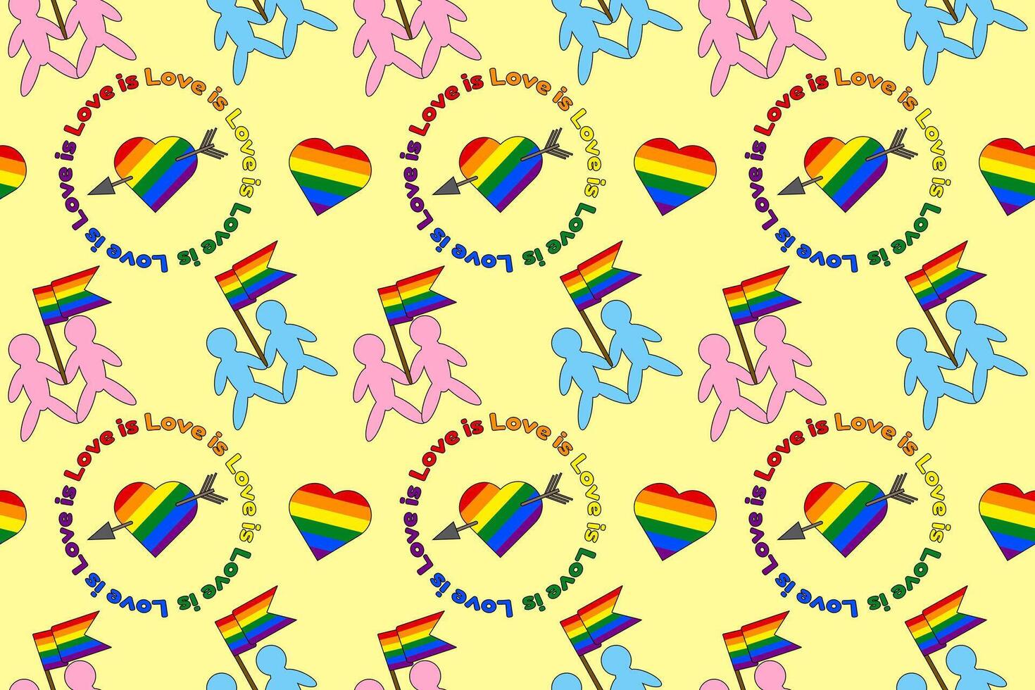 Colorful LGBT pride pattern featuring hearts, flags, and slogans. Perfect for celebrating love and equality in all forms. vector