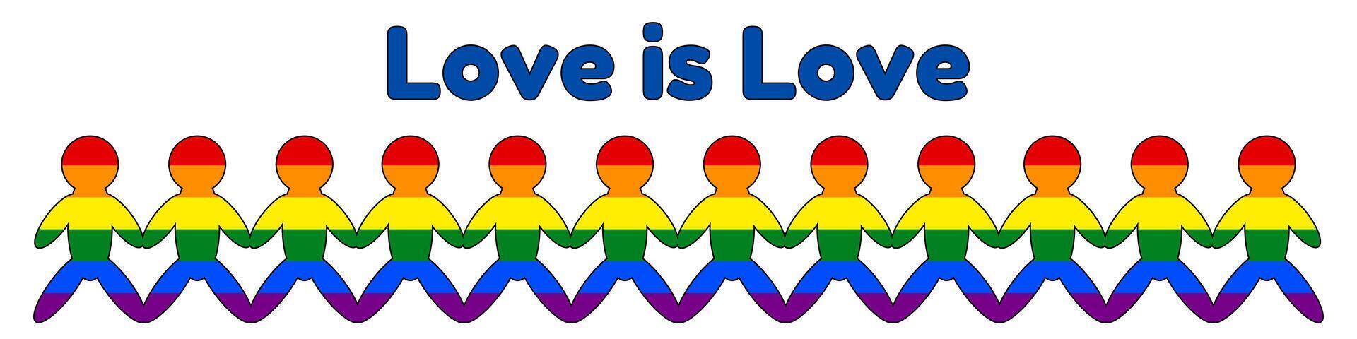 A illustration of paper chain figures in rainbow colors representing unity and LGBT plus pride. Perfect for inclusive designs. vector
