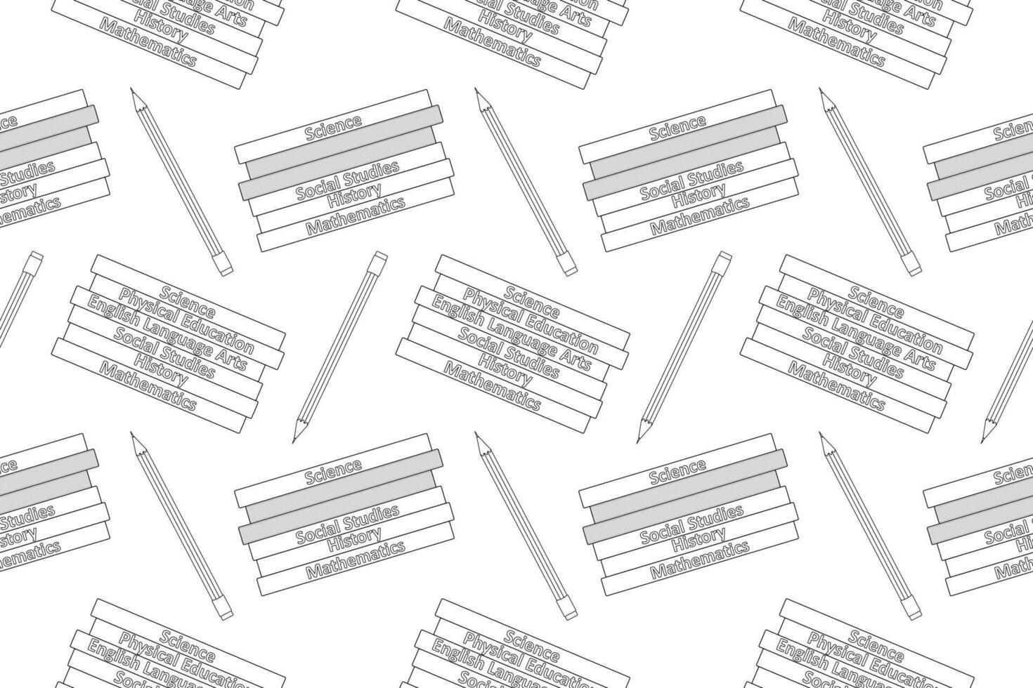 Black and white pattern featuring books labeled with various school subjects and pencils. Ideal for educational coloring books. vector