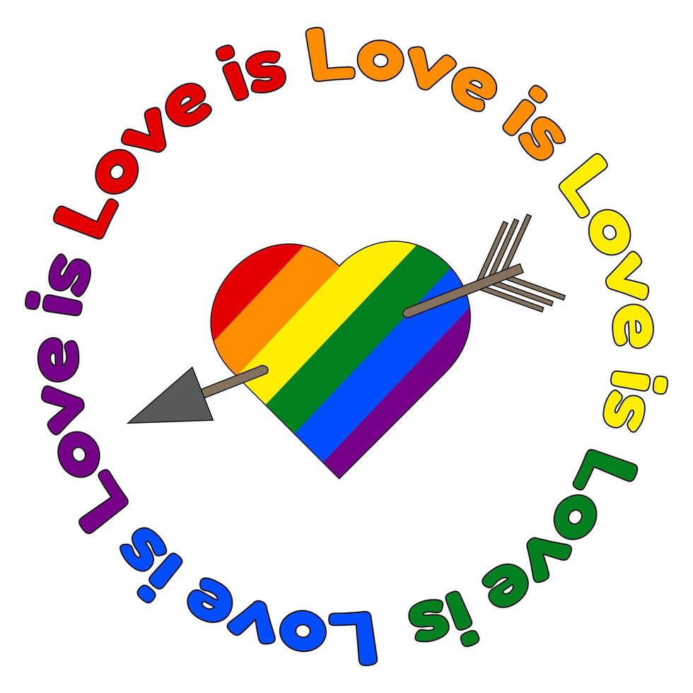 illustration of a rainbow heart pierced by an arrow with the phrase Love is Love in a circular design. A symbol of love, pride, and equality. vector