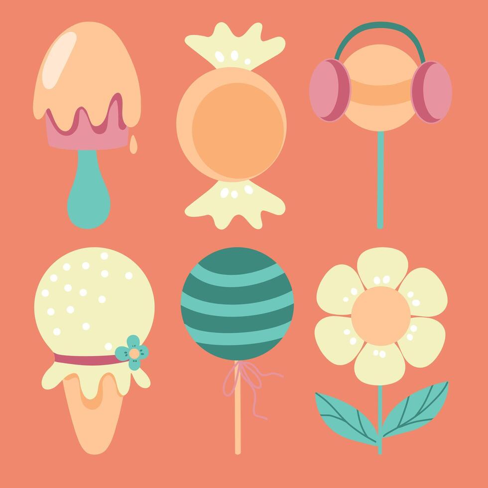 Set of hand drawn groovy illustrations, flower, ice cream, candy, 80s 90s vector