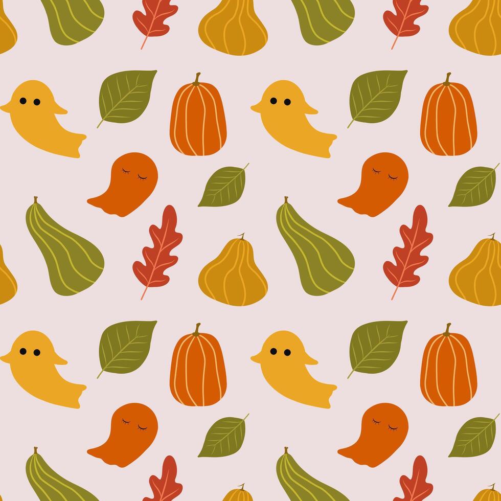 Seamless pattern with pumpkins, autumn leaves and cute ghosts, Seamless Pattern vector