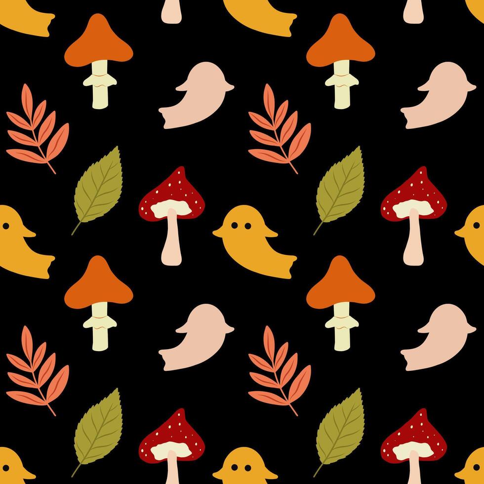 Seamless pattern with pumpkins, autumn leaves, mushrooms, and cute ghosts on black background, Seamless Pattern vector