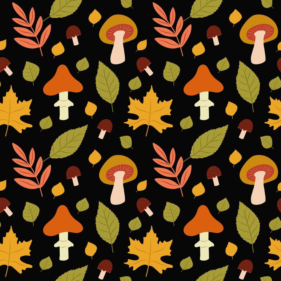 Autumn Seamless Pattern on Pink Background, Mushrooms and Leaves Seamless Pattern vector
