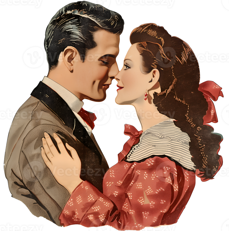 vintage Valentine's Day illustration of a man and a woman kissing png