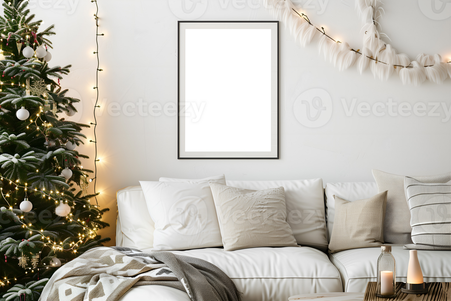 A mockup frame hanging on the wall in the living room, surrounded by a decorated Christmas modern interior png