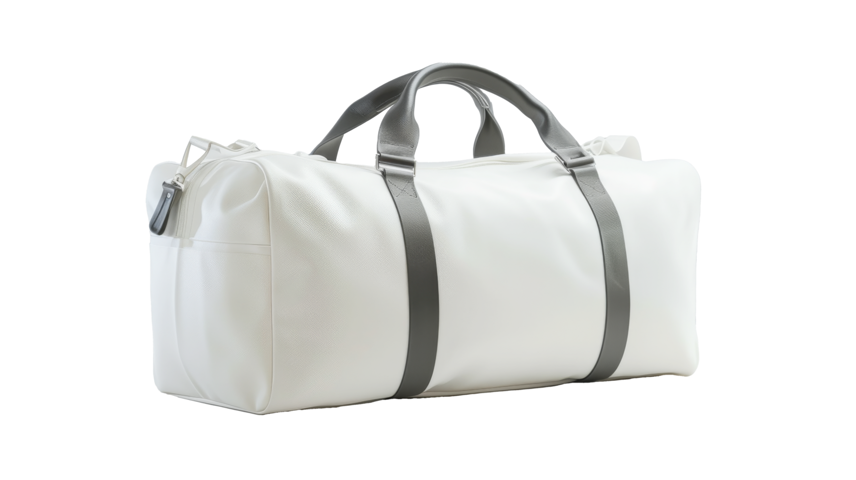 A white duffel bag with grey straps png
