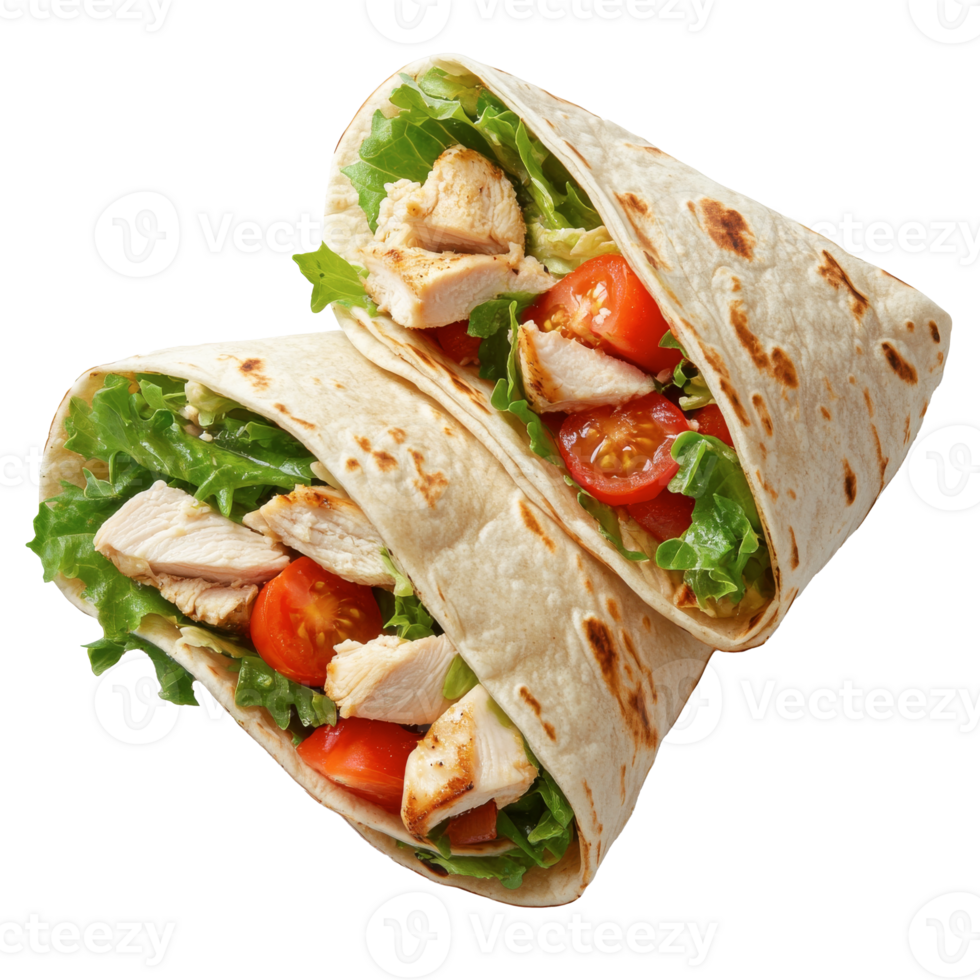 Two chicken wraps with lettuce and tomatoes png