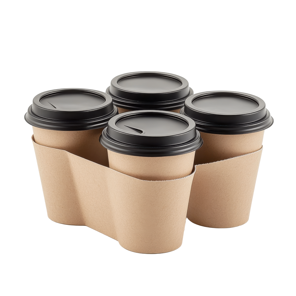 Four paper cups with lids in a holder png