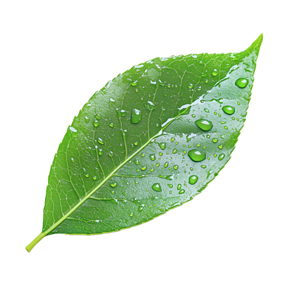 A green leaf with water droplets on it png