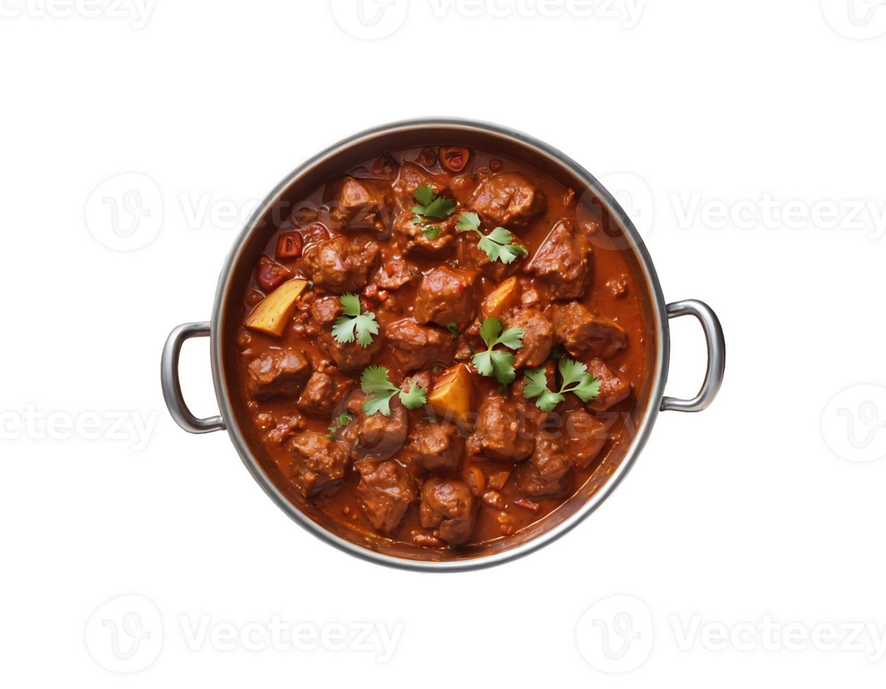Indian style Mutton or Gosht Masala OR indian lamb meat rogan josh served with Naan on transparent background png