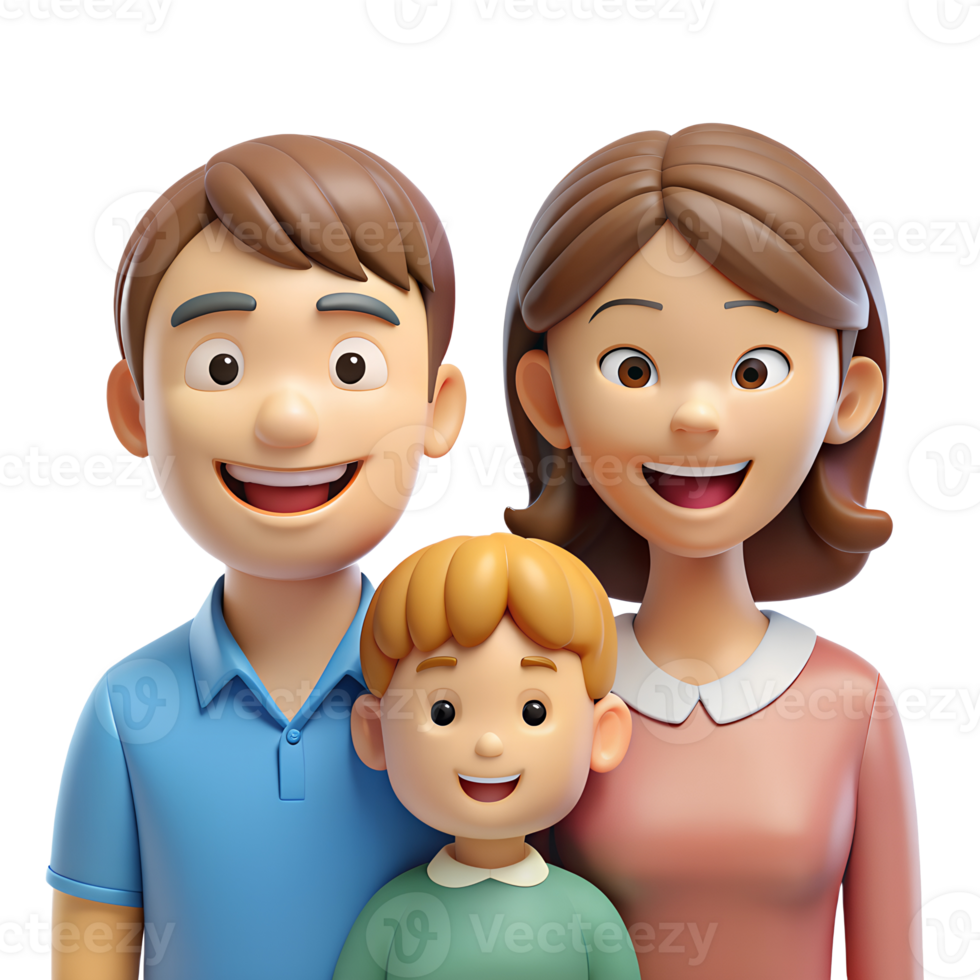 3D animated family of three, a man, a woman, and a boy, all smiling png