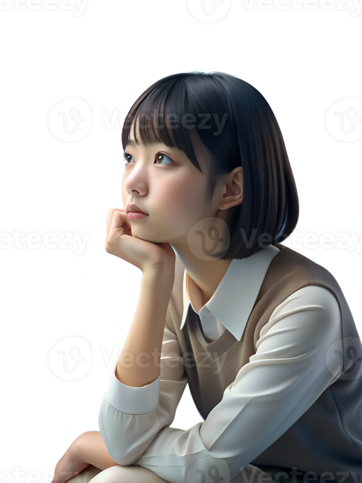 A short-haired Asian woman with black hair, wearing a white shirt, sitting in front of a blue screen with her chin resting on her hand, looking thoughtful png