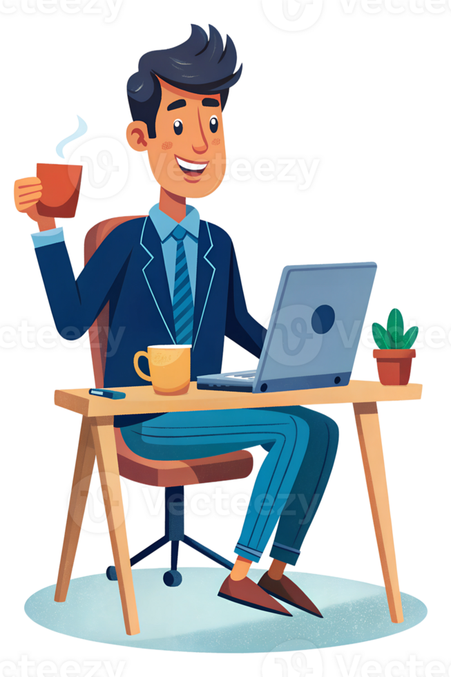 Cartoon style of A young professional on a call, sitting at a stylish desk with a laptop, notepad, and a cup of tea, smiling and engaged in conversation png