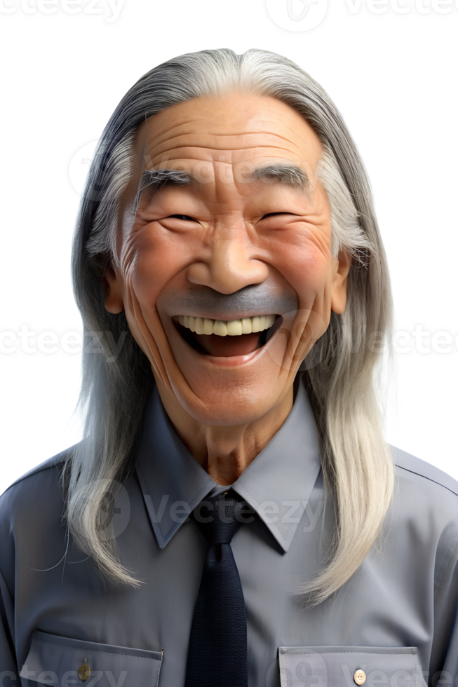 3d style illustration of asia old man in office worker uniform, long hair, he laughed a lot., isolated on transparent background png