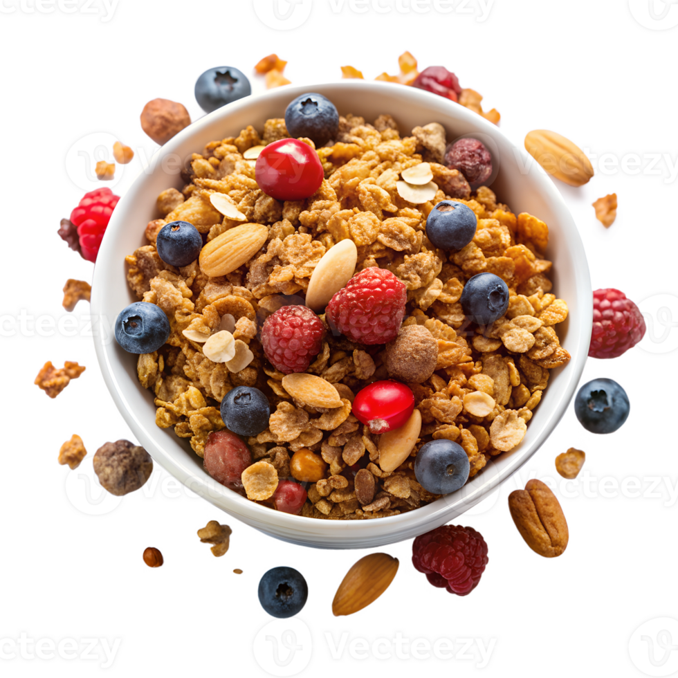 a bowl of cereal with fruits and nuts on a transparent background png