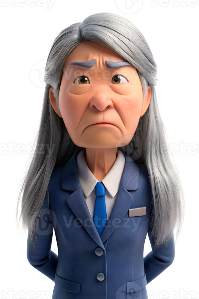 3d style illustration of asia old woman in office worker uniform, long hair, She put her hands behind her back and frowned png