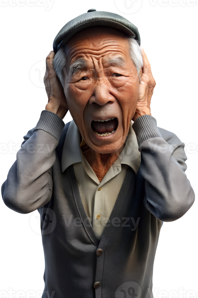 3d render style, asian old man suffers from noise isolated on a transparent background png