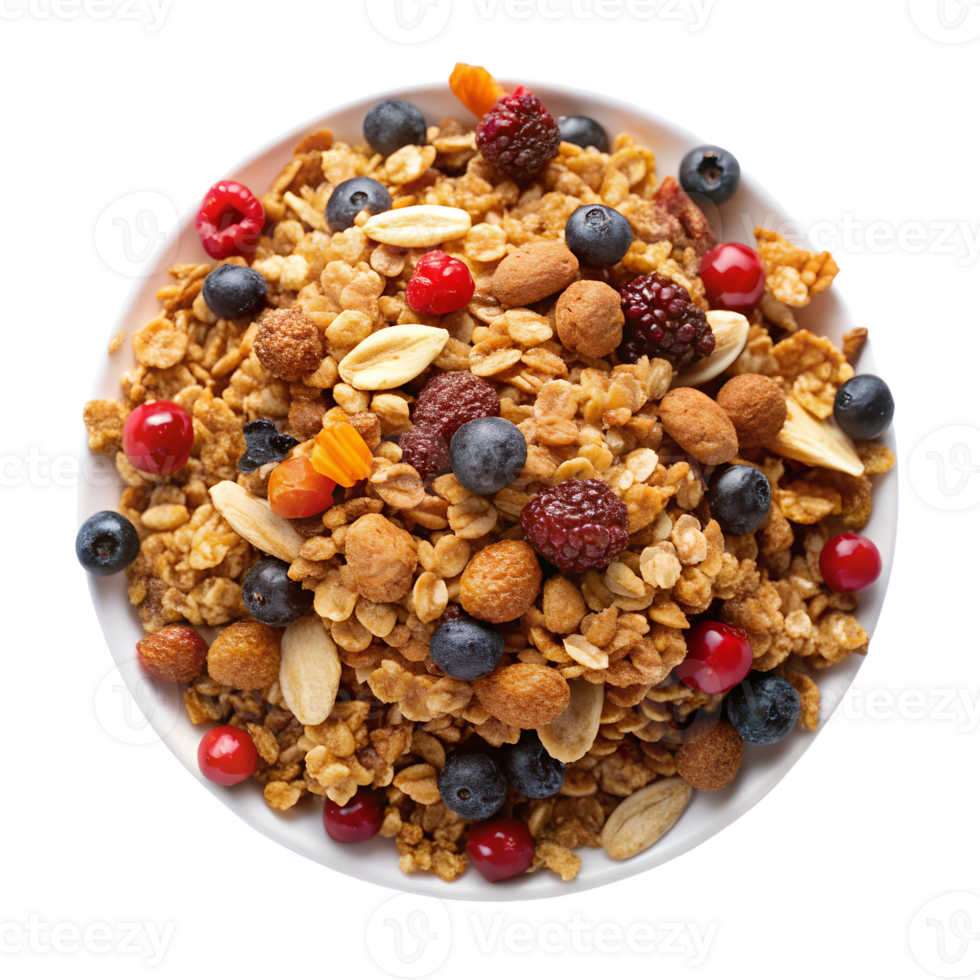 top view, Granola In a white ceramic bowl isolated on transparent background png