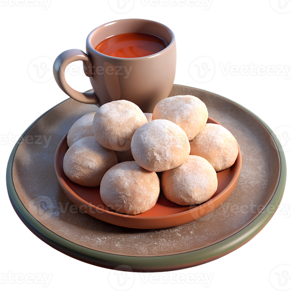 Mexican polvorones, shortbread cookies dusted with icing and a Hot cocoa drink in a cup png