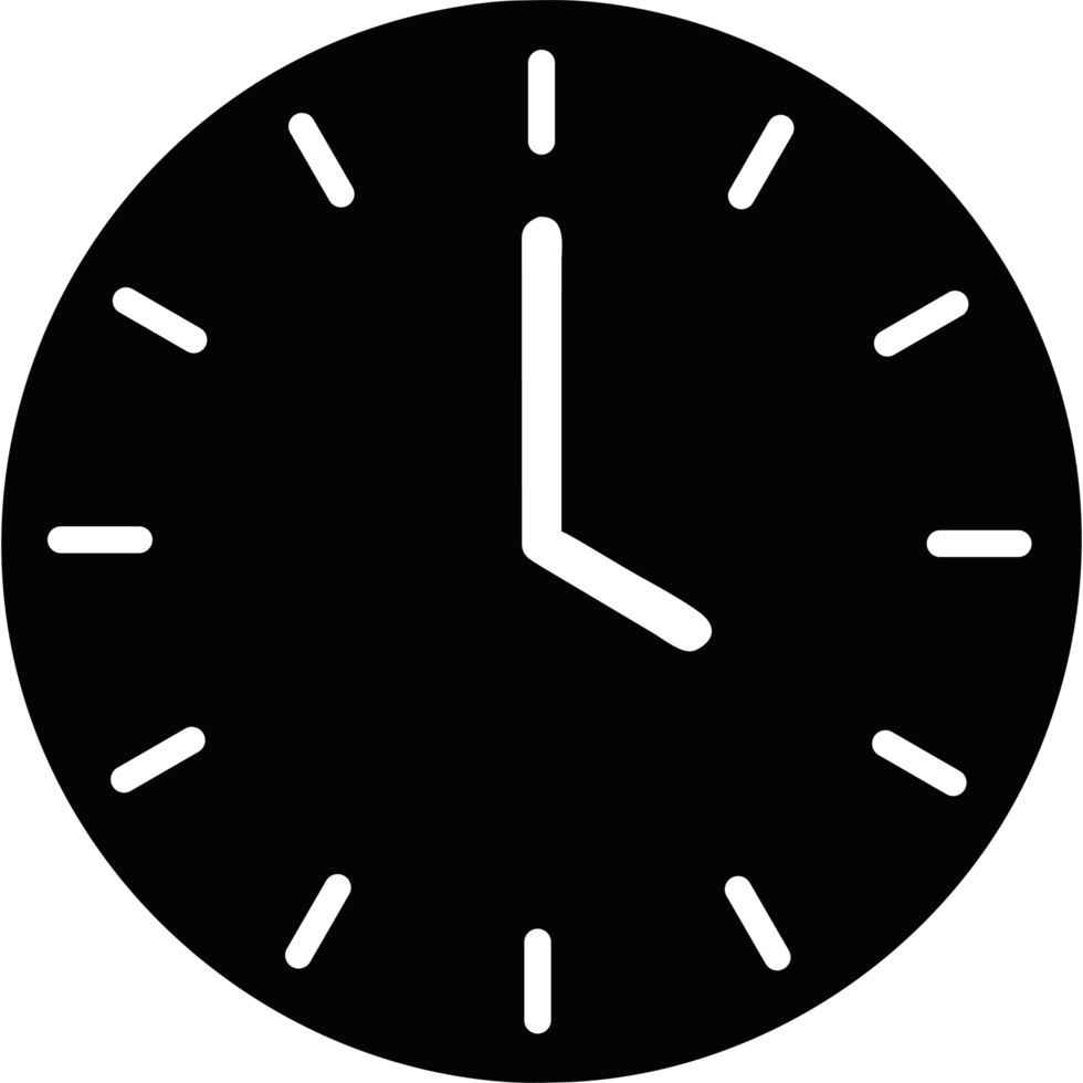 A black clock icon on a transparent background png