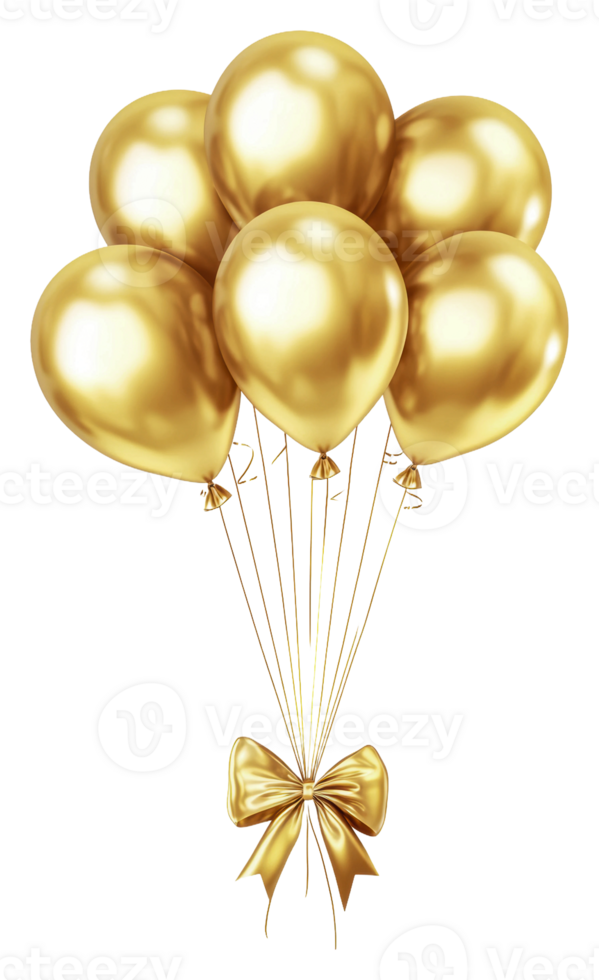 Golden balloons with a ribbon for celebrations isolated on transparent background png